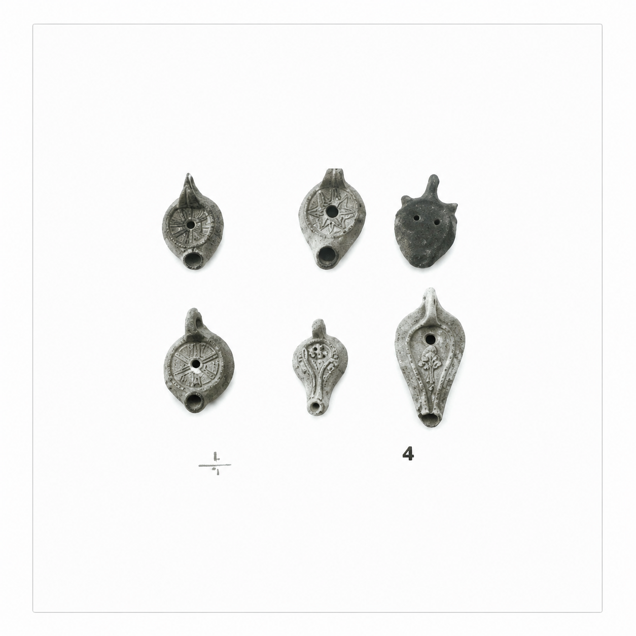Group of Six Decorated Coptic Oil Lamps with Handles
